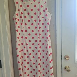 Dress Barn plus size white and red polka dot dress, midi length, size 16